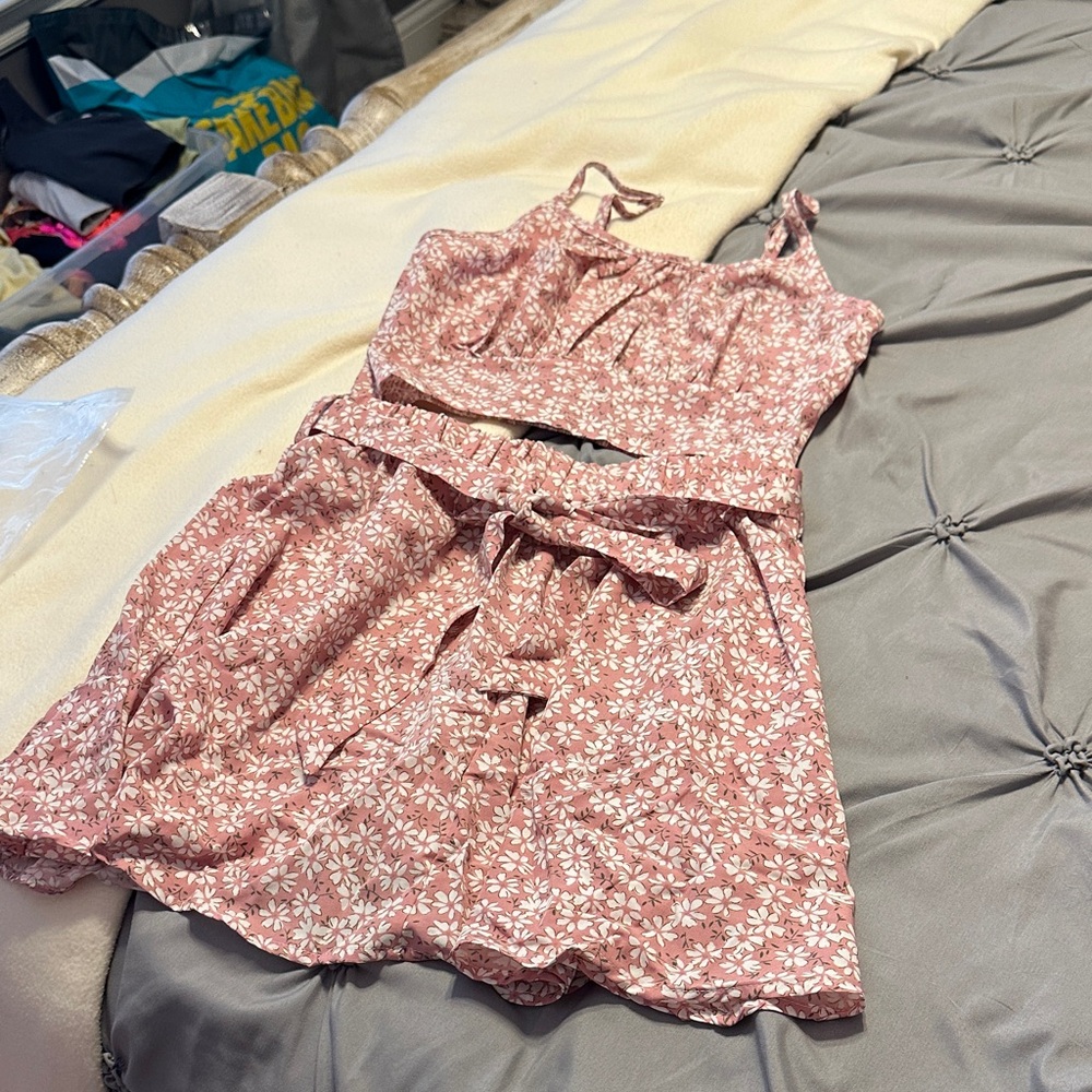 Pink Floral Two-Piece Crop Top + Skirt Set